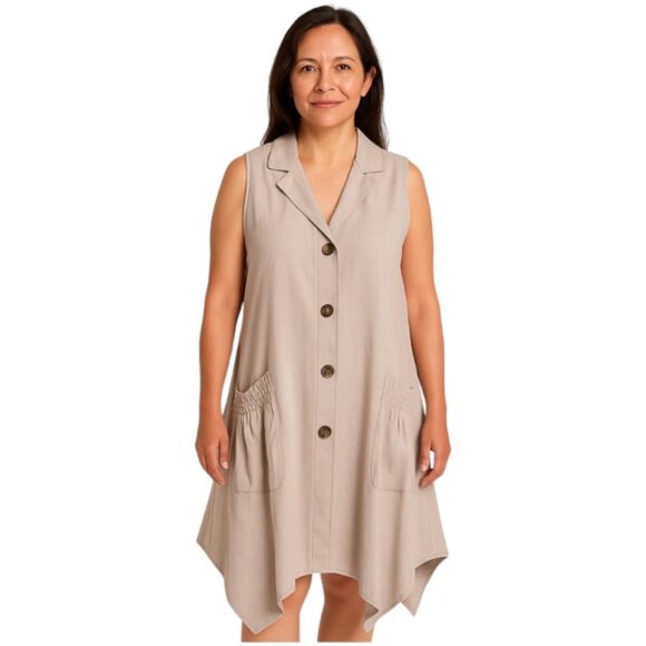 For Cynthia Dresses & Skirts - For Cynthia Large Beige Button Down Sleeveless Lagenlook Oversized Dress…